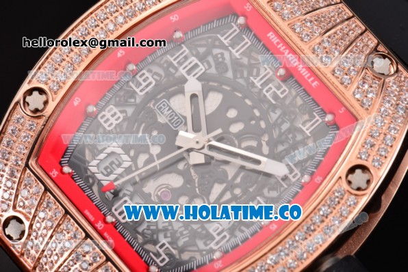 Richard Mille RM010 Miyota 9015 Automatic Rose Gold/Diamonds Case with Skeleton Dial and Red Inner Bezel - Click Image to Close